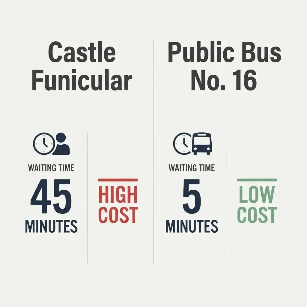 A minimalist vector infographic comparison table between taking the Castle Hill Funicular versus the Public No. 16 Bus, mapping out waiting times, cost, and route convenience.