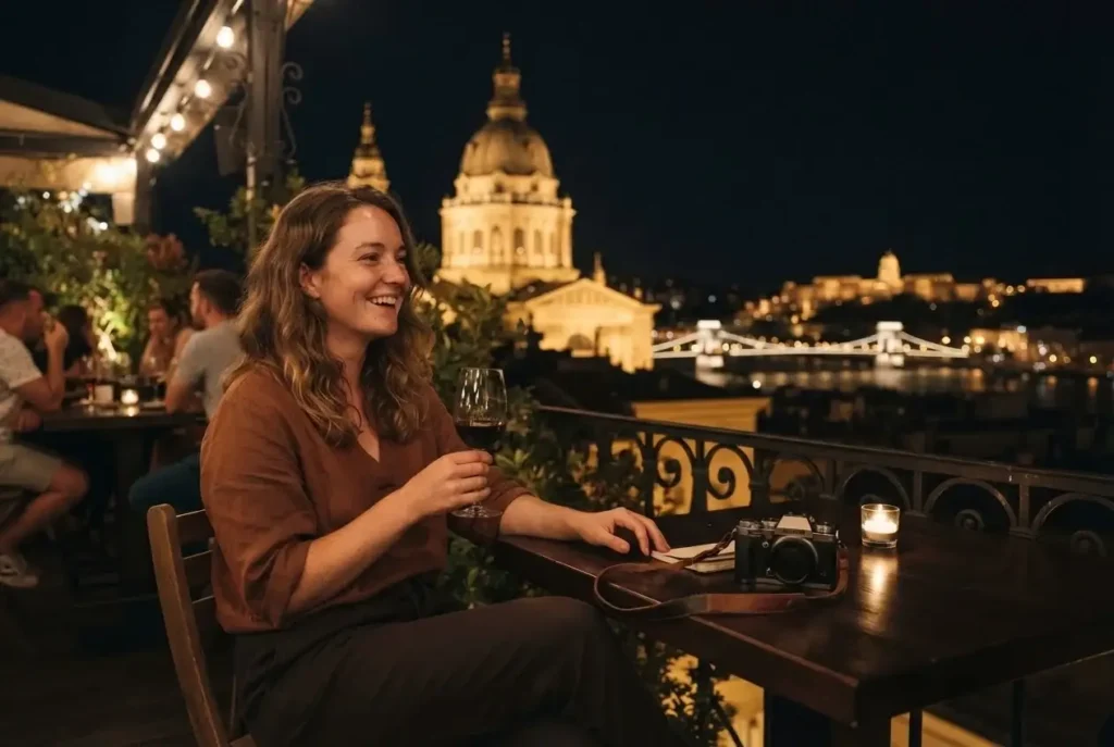 Night rooftop view of St. Stephen's Basilica dome and the illuminated Danube bridges in Budapest, Hungary, from a solo traveler's terrace seat