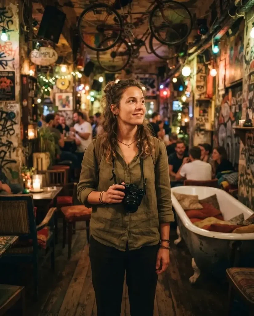 Woman with a camera exploring an eclectic candlelit ruin bar interior in District VII, the Jewish Quarter of Budapest