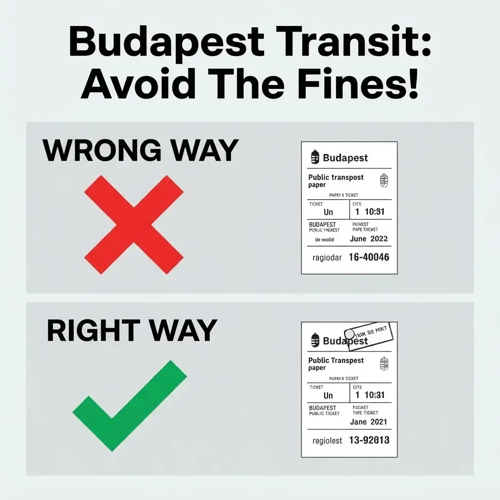 A clear flat vector warning guide infographic demonstrating the right and wrong way to validate physical transit tickets in Budapest to avoid fines.