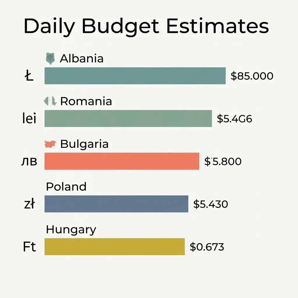 A minimalist chart comparing daily travel costs for Albania, Romania, Bulgaria, Poland, and Hungary, showing an average range of $30 to $50 per day.