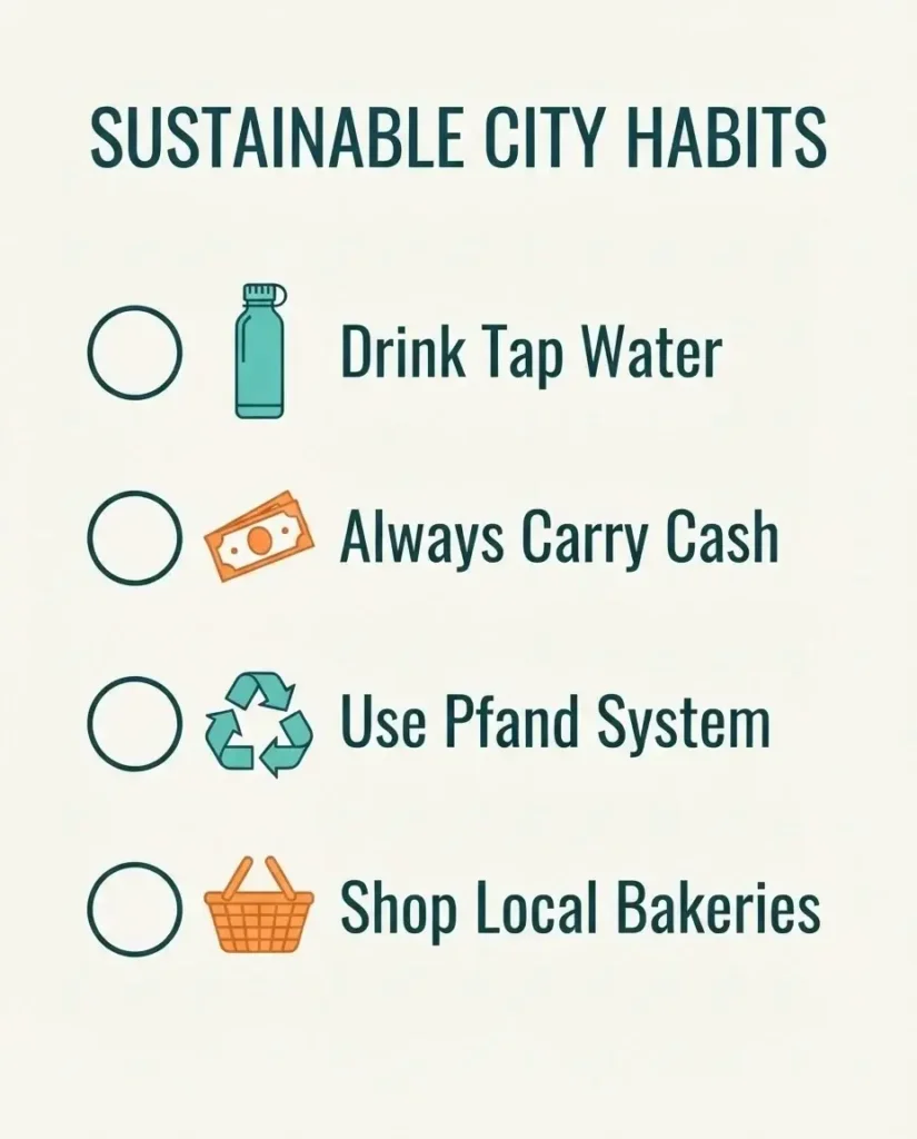 A minimalist checklist for budget travel in Germany featuring icons for water bottles, cash, recycling, and grocery shopping.