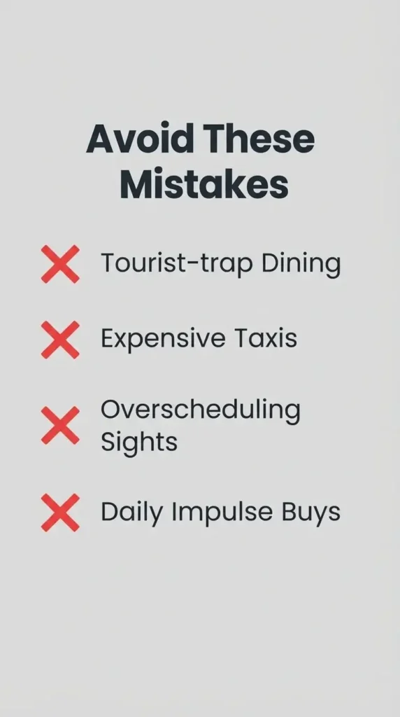 A vertical checklist graphic titled 'Avoid These Mistakes' with crossed-out icons for expensive taxis, tourist-trap dining, over-scheduling, and daily overspending.