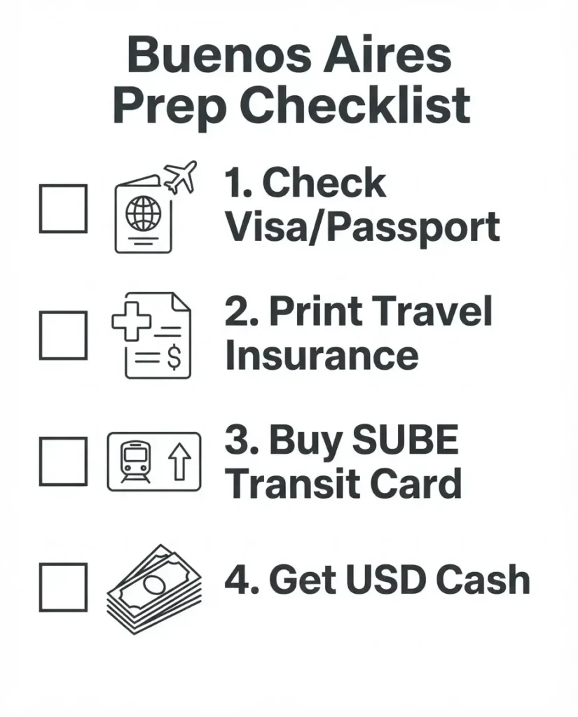 A minimalist checklist infographic for traveling to Buenos Aires, including icons for travel documents, currency, and transportation cards.