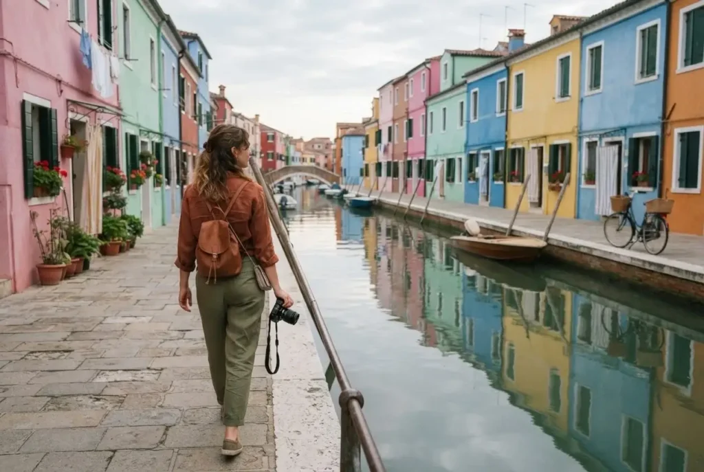 Brightly painted pink, blue and yellow fishermen's houses reflected in a quiet morning canal in Burano, Venetian lagoon, Italy