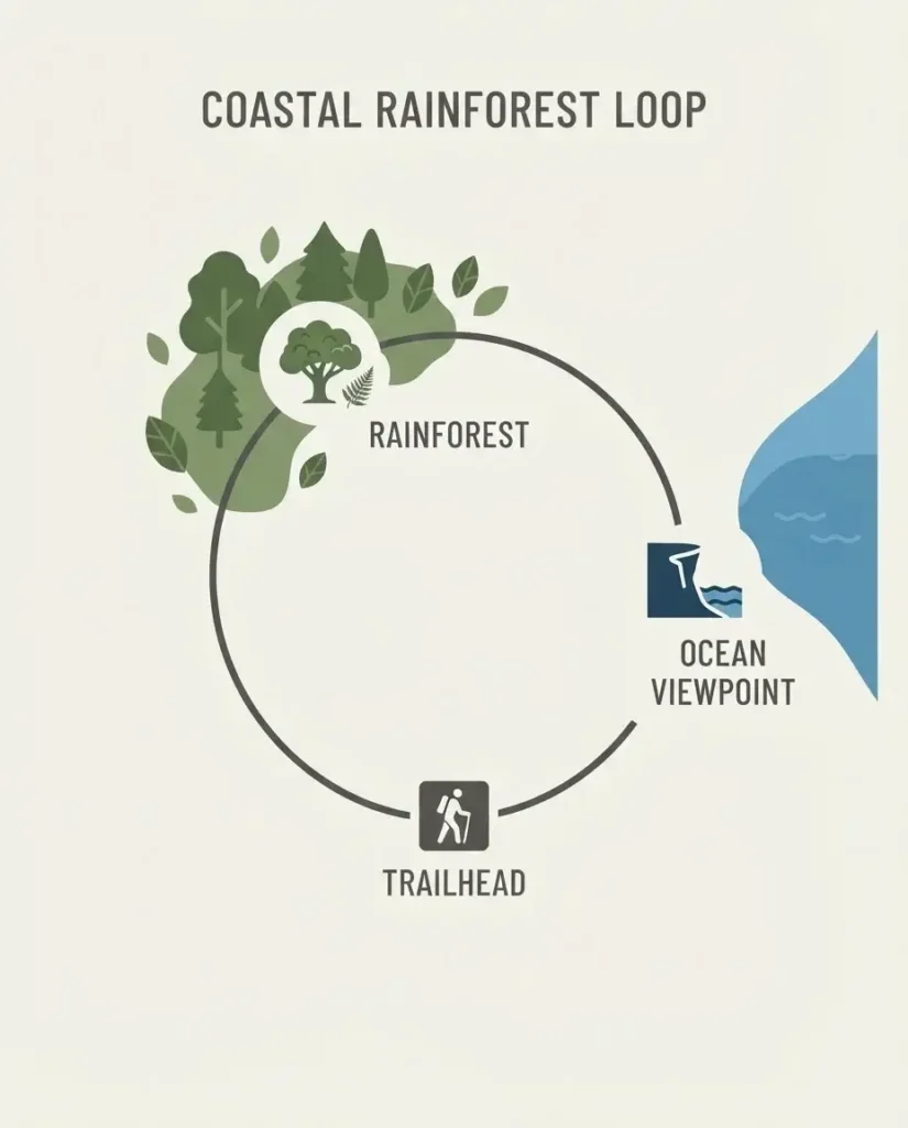 A simplified, clean vector map of the Burleigh Head National Park loop, highlighting the trailhead, ocean viewpoint, and rainforest section.
