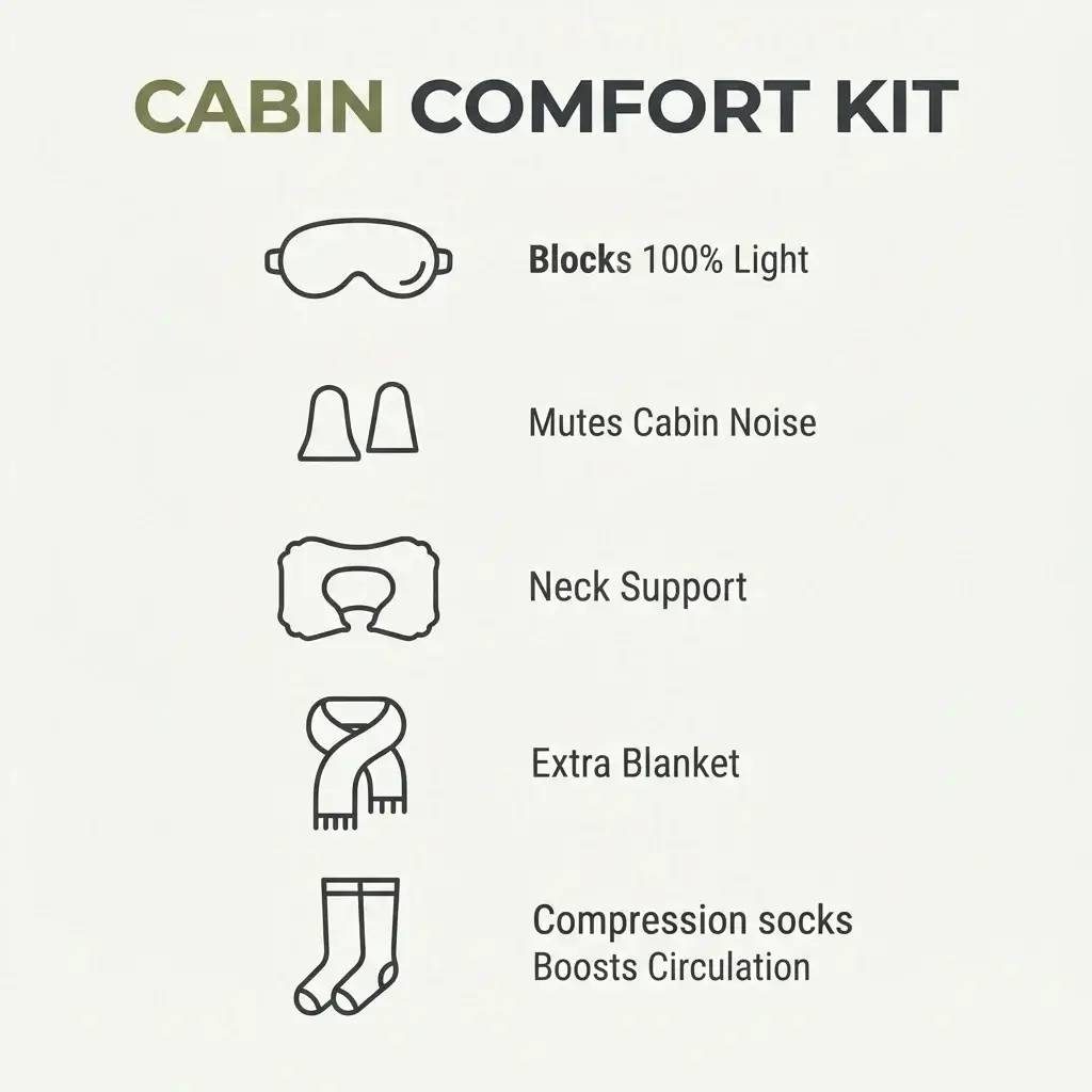 A minimalist flat vector infographic checklist showcasing the 5 essential items for an in-flight cabin comfort kit, detailing item names and core functions with clean icons.