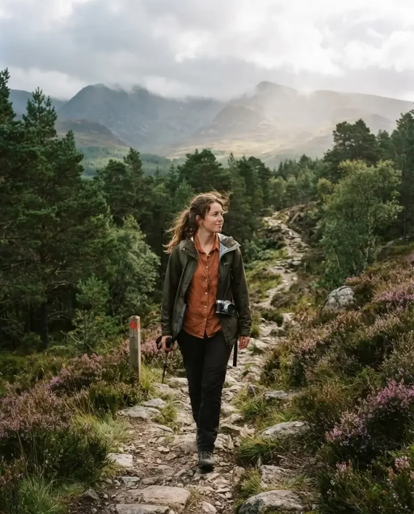 Solo traveler hiking through native pine woodland and heather toward misty mountains in the Cairngorms, Scottish Highlands