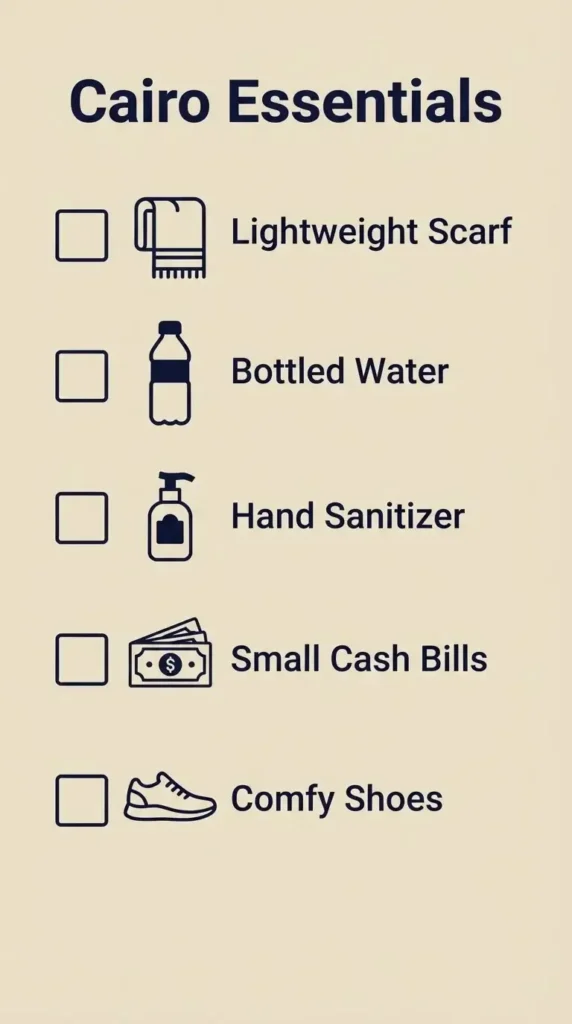 A clean, vertical checklist of essential items for a Cairo trip, featuring icons for a scarf, bottled water, hand sanitizer, small cash bills, and comfortable shoes.