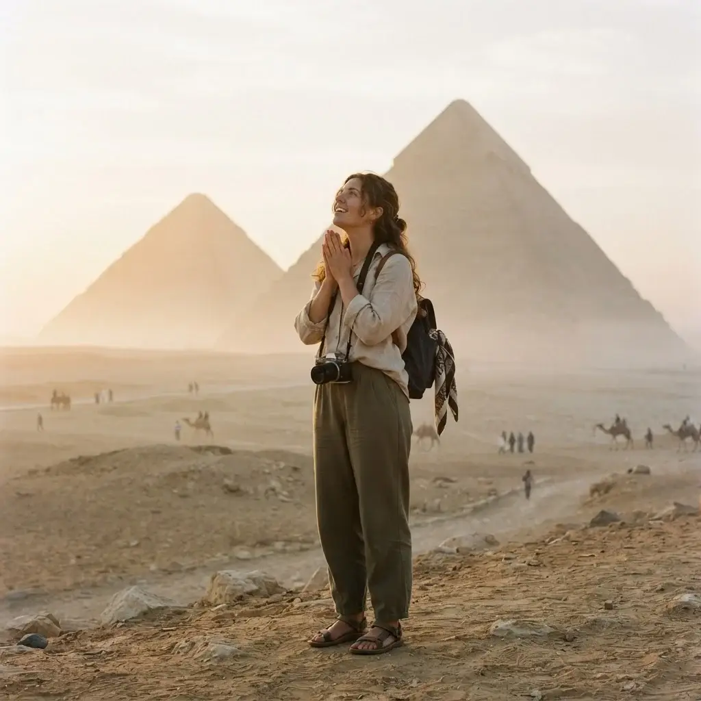 Emma Collins standing in the desert at the Giza Plateau during sunrise, looking up at the Great Pyramid of Giza.