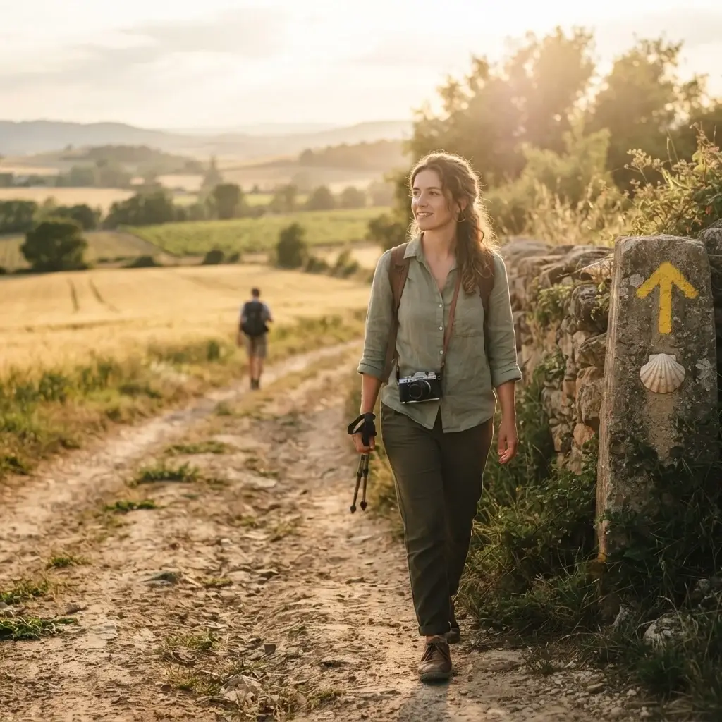A brown-haired woman traveler with a mirrorless camera follows a yellow arrow waymark along the Camino de Santiago Frances route through the northern Spanish countryside at golden hour.