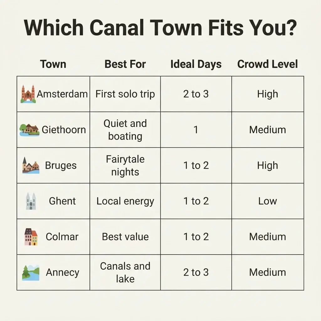 Flat vector comparison chart matching Europe's best canal towns to traveler type, ideal days, and crowd level