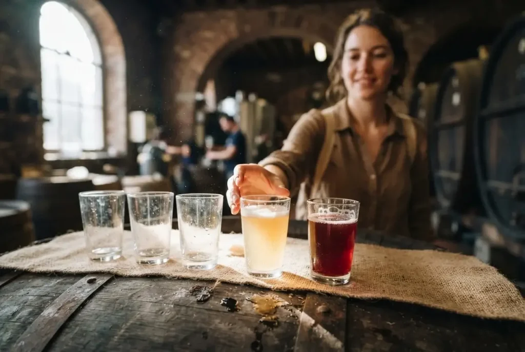 Small tasting glasses of golden and cherry-red lambic beer on a wooden barrel inside a rustic Brussels brewery, Belgium beer culture