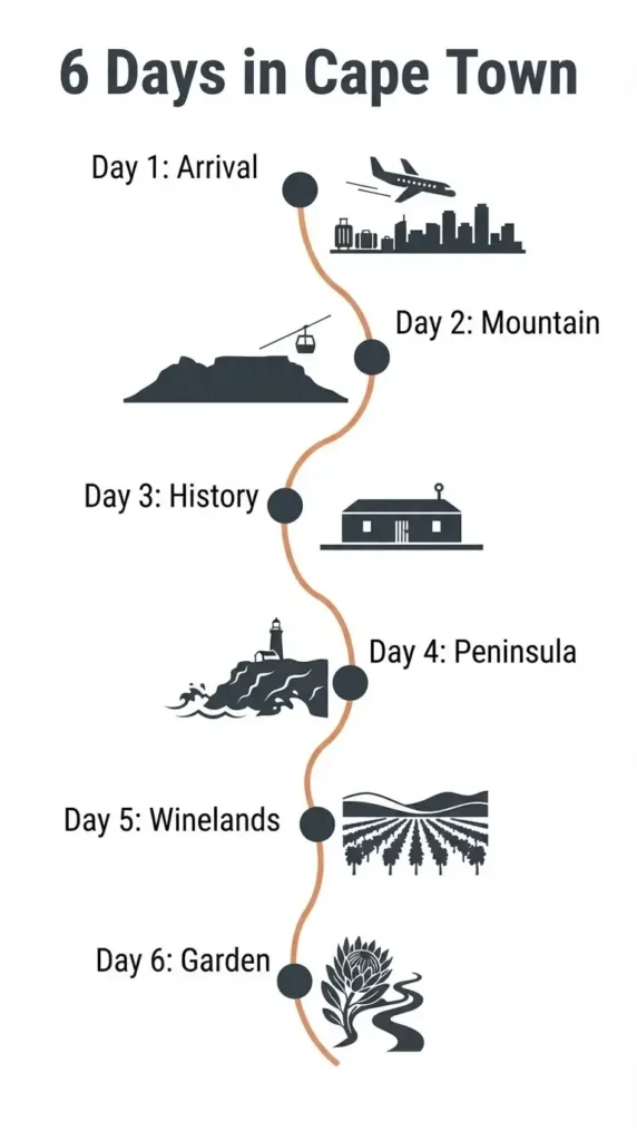 A vertical, 6-day itinerary timeline infographic highlighting the primary focus for each day, from City Bowl to the Winelands.