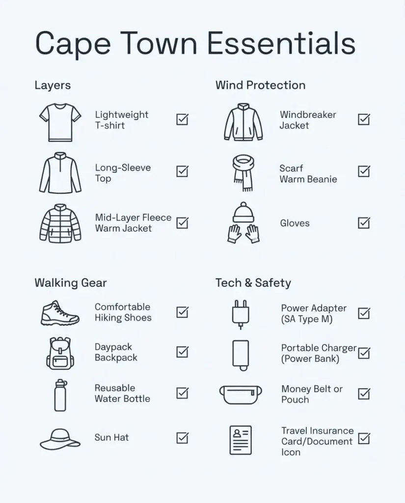 A minimalist packing checklist infographic for Cape Town, featuring icons for essential travel layers, sturdy walking shoes, and windproof gear.