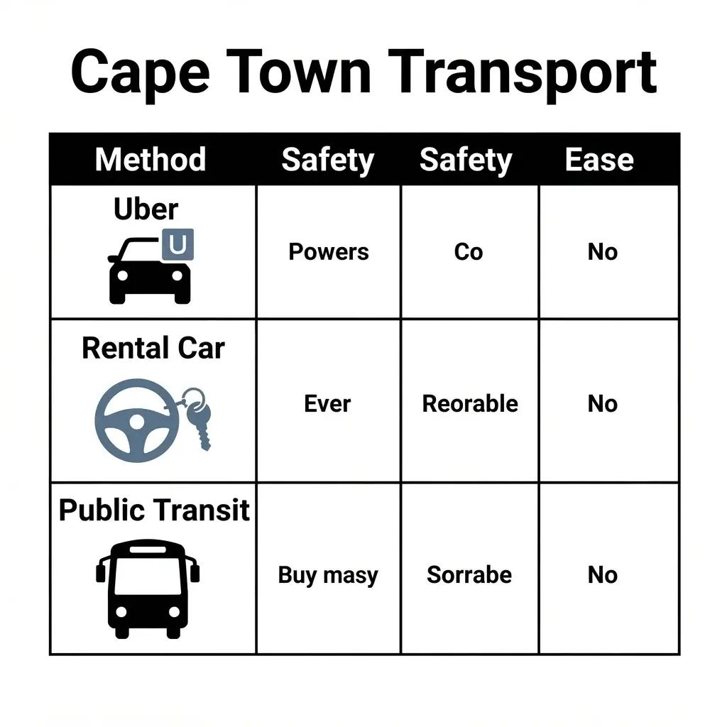 A flat vector comparison chart contrasting Uber, rental cars, and public transit options in Cape Town based on safety, cost, and ease of use.