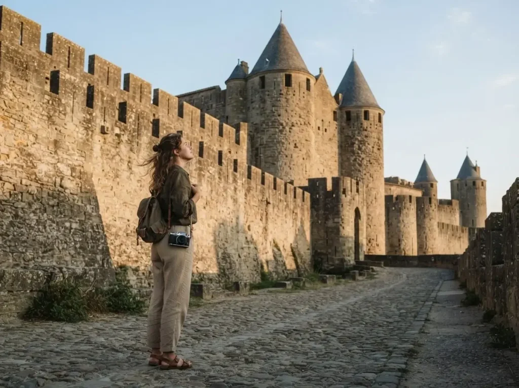 Solo female traveler looking up at the medieval fortified towers and double walls of La Cité de Carcassonne, France