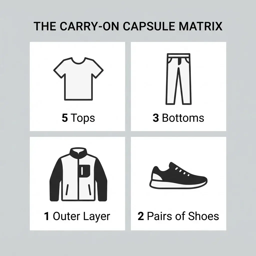A clean 1:1 square vector matrix infographic comparing travel clothing item ratios, displaying a streamlined checklist breakdown of tops, bottoms, layers, and footwear for a 7-day trip.
