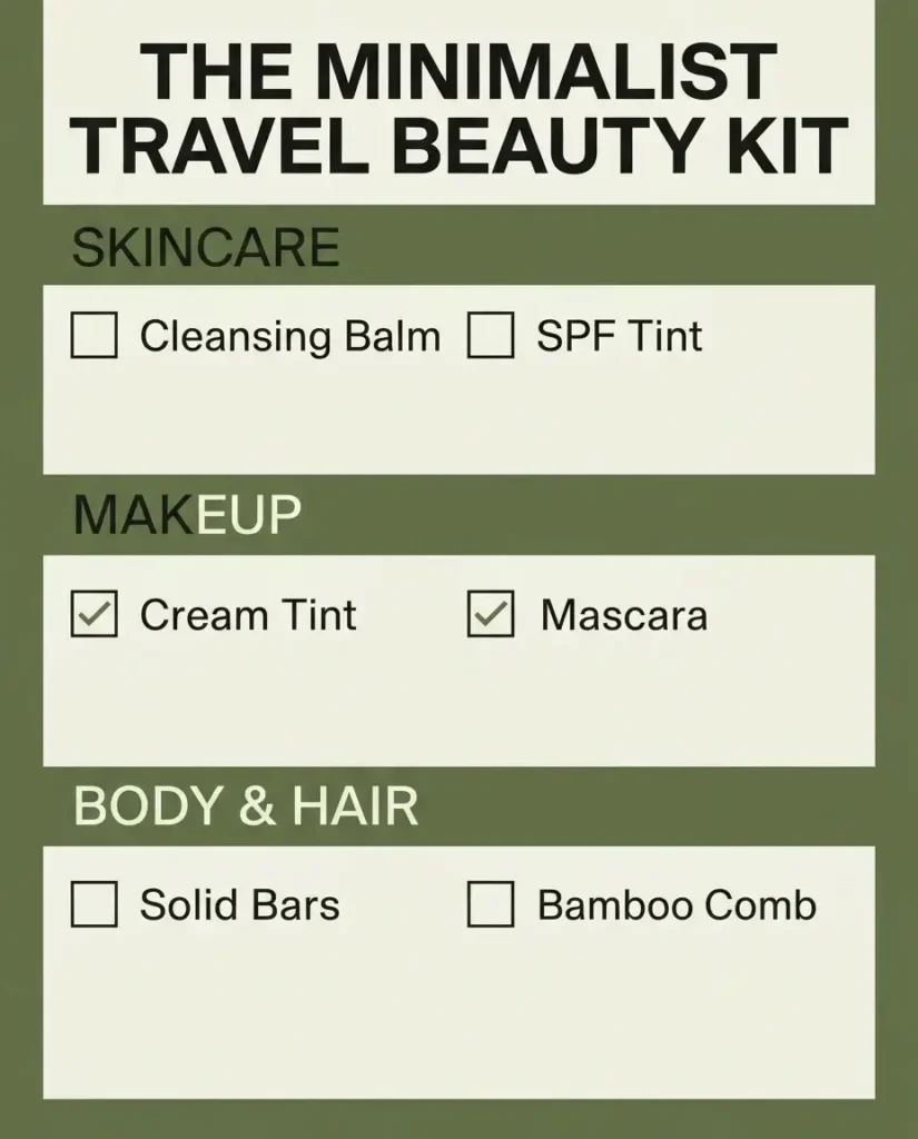 A clean 4:5 aspect ratio layout checklist detailing the definitive minimalist travel beauty kit, categorized by Skincare, Makeup, and Hair and Body Care.