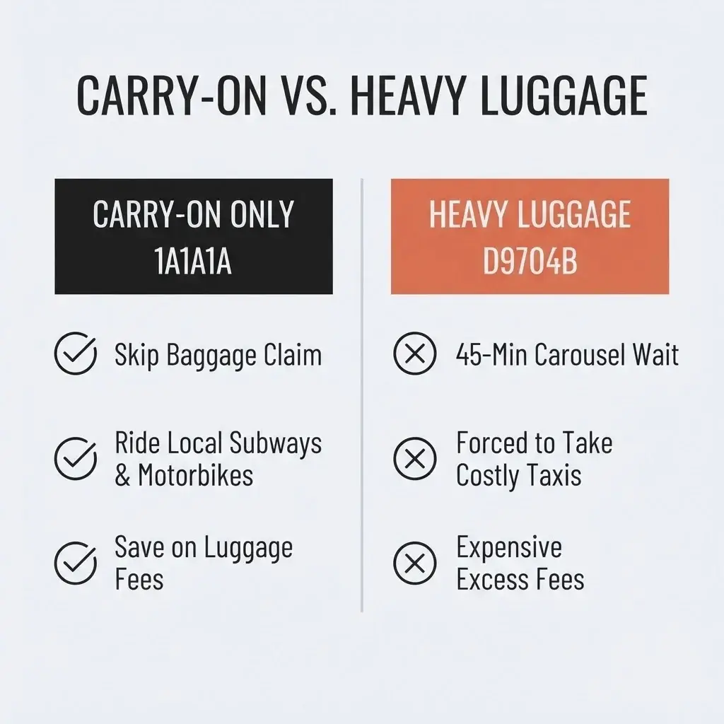 A high-contrast side-by-side comparison matrix chart contrasting the transit efficiency, cost savings, and mobility of a minimalist carry-on backpack versus heavy rolling luggage.