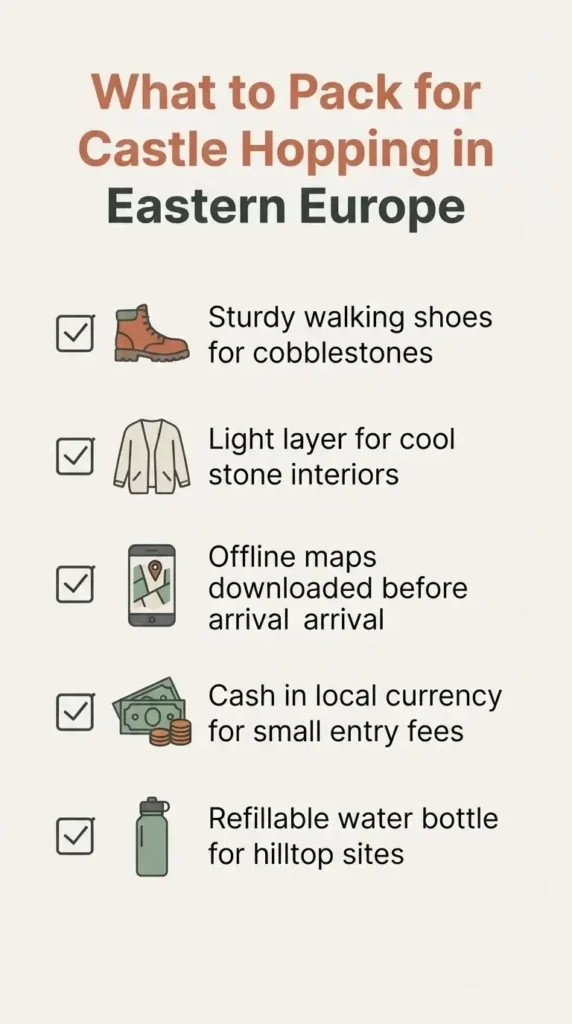 Flat vector checklist infographic listing what to pack and know before visiting historic castles in Eastern Europe, including footwear, layers, and offline maps.
