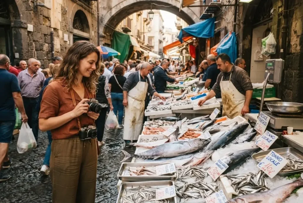 Bustling A' Piscaria fish market with fresh catch on ice in Catania, Sicily, Italy