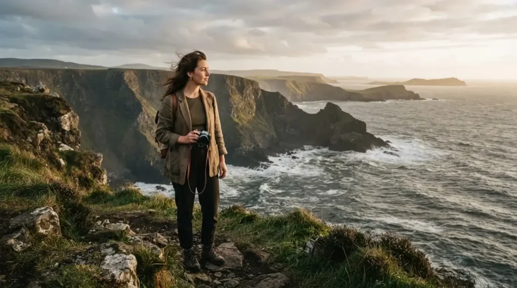 Emma Collins standing on the edge of the Causeway Coastal Route in Northern Ireland, looking out at dramatic ocean cliffs with her mirrorless camera in hand.