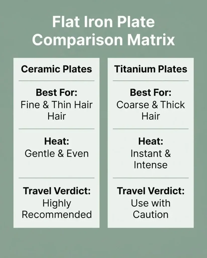 A flat vector data table comparing ceramic versus titanium flat iron plates across hair type suitability, heat distribution, and travel durability metrics.