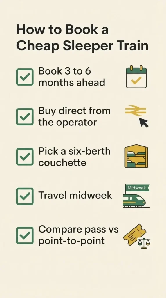Flat vector checklist infographic of tips for booking cheap European sleeper train tickets including early booking windows and flexible dates