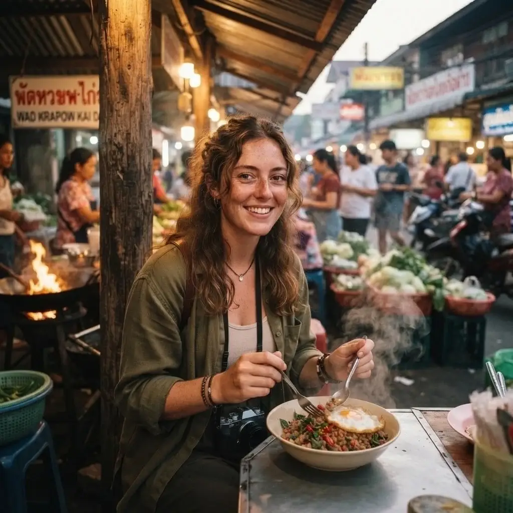 A candid shot of a solo female traveler eating authentic spicy Pad Krapow at a vibrant outdoor street food stall in Chiang Mai, Thailand.