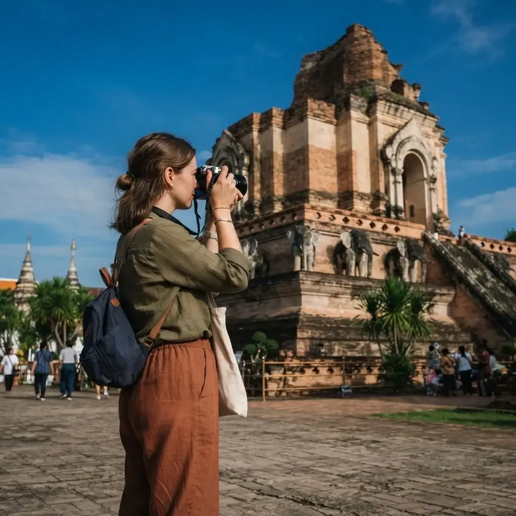 A female traveler in modest linen clothes taking a picture of the historic brick ruins and stone elephant carvings at Wat Chedi Luang temple in the Old City of Chiang Mai.