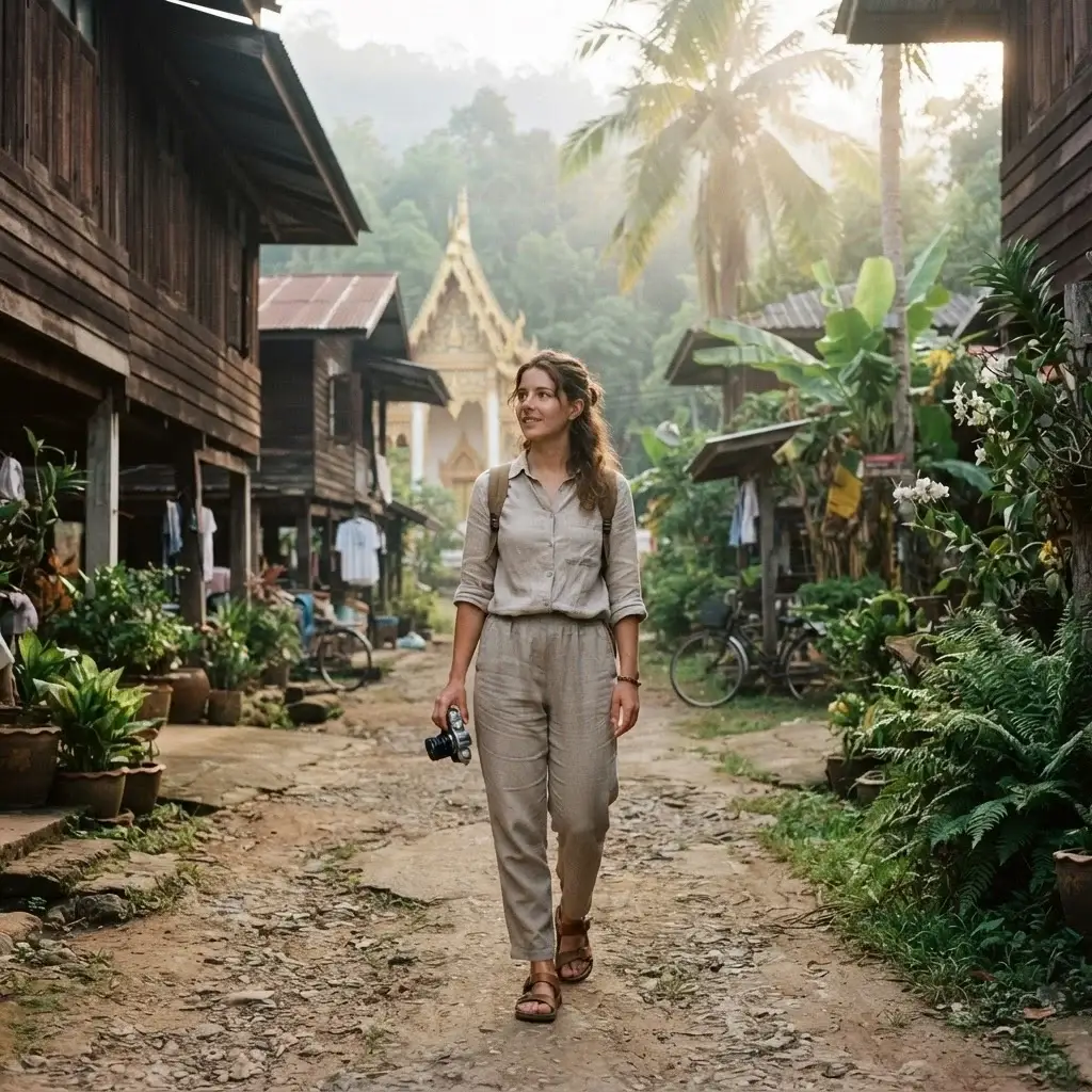 Solo traveler Emma Collins walking down a quiet residential street in Chiang Rai, Thailand, past traditional wooden houses and lush green plants with her mirrorless camera.