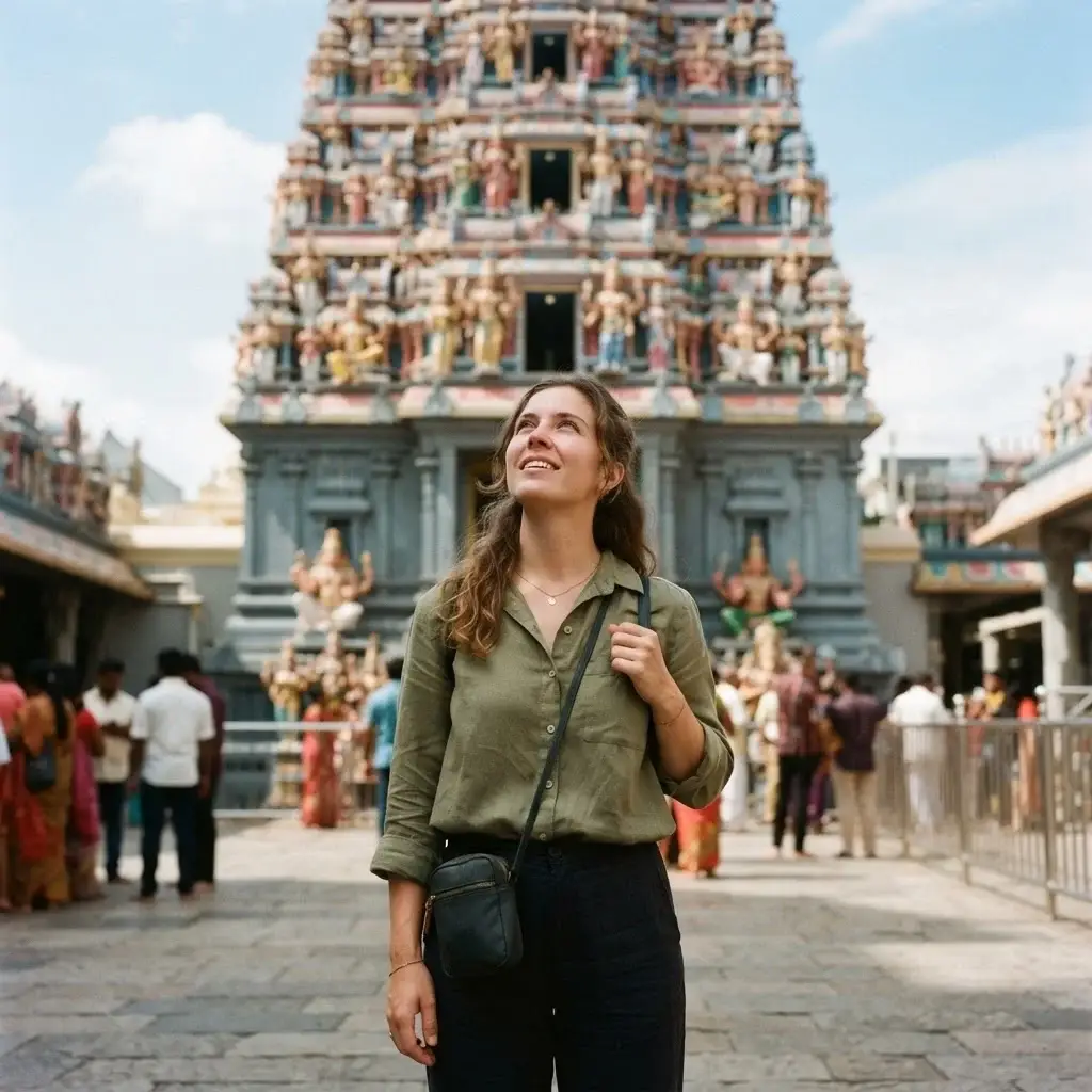 A female solo traveler with brown hair, wearing an olive linen shirt, observing the intricate, colorful carvings of the Gopuram tower at Sri Mahamariamman Temple in Chinatown, Kuala Lumpur.