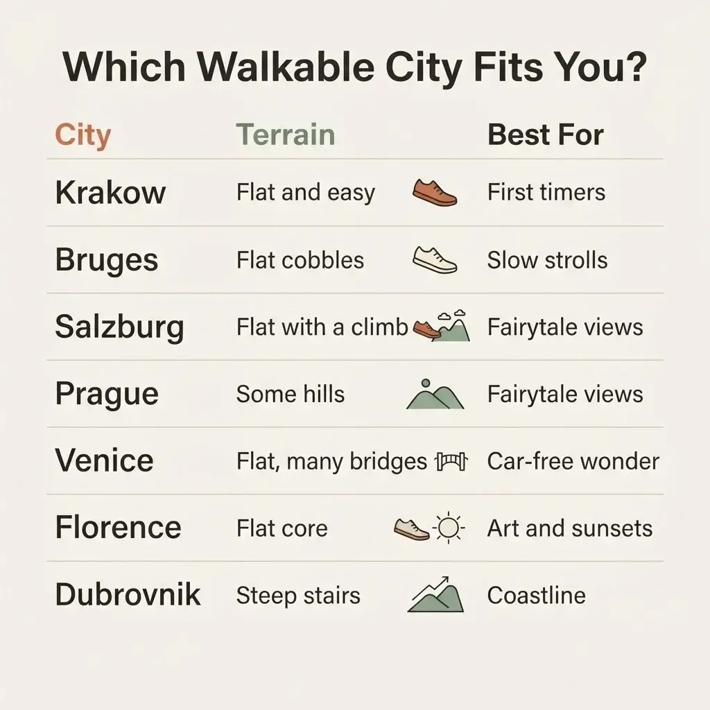 Flat vector comparison chart matching European walkable cities to traveler type, terrain difficulty, and best-for tags for Krakow, Bruges, Salzburg, Prague, Venice, Florence, and Dubrovnik