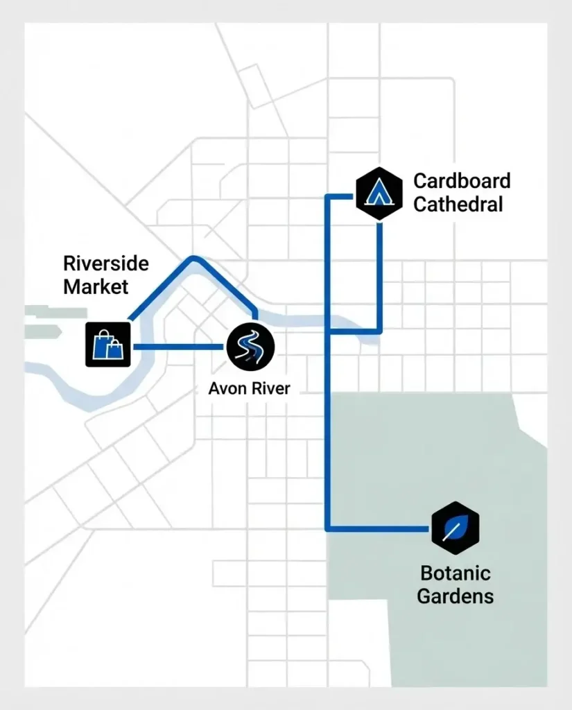 A simplified, stylized flat vector route map of Christchurch city center, highlighting key points including Riverside Market, Cardboard Cathedral, and the Botanic Gardens.