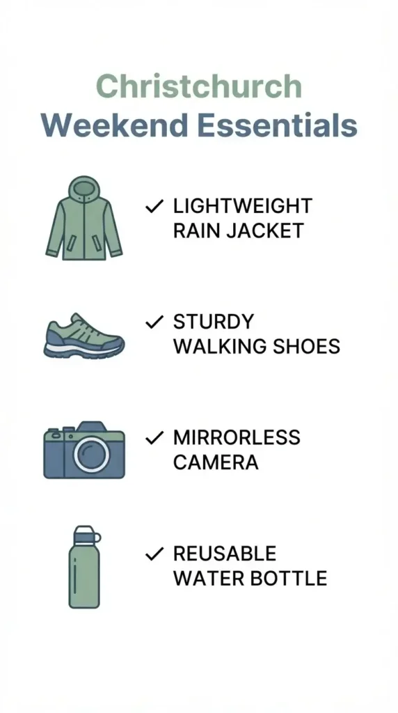 A minimalist checklist infographic titled "Christchurch Weekend Essentials" featuring icons for a rain jacket, walking shoes, camera, and a reusable water bottle.