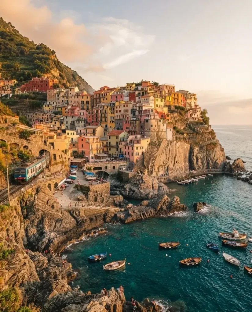 Colorful cliffside houses of Manarola above the sea with the Cinque Terre Express regional train line, Ligurian coast, Italy