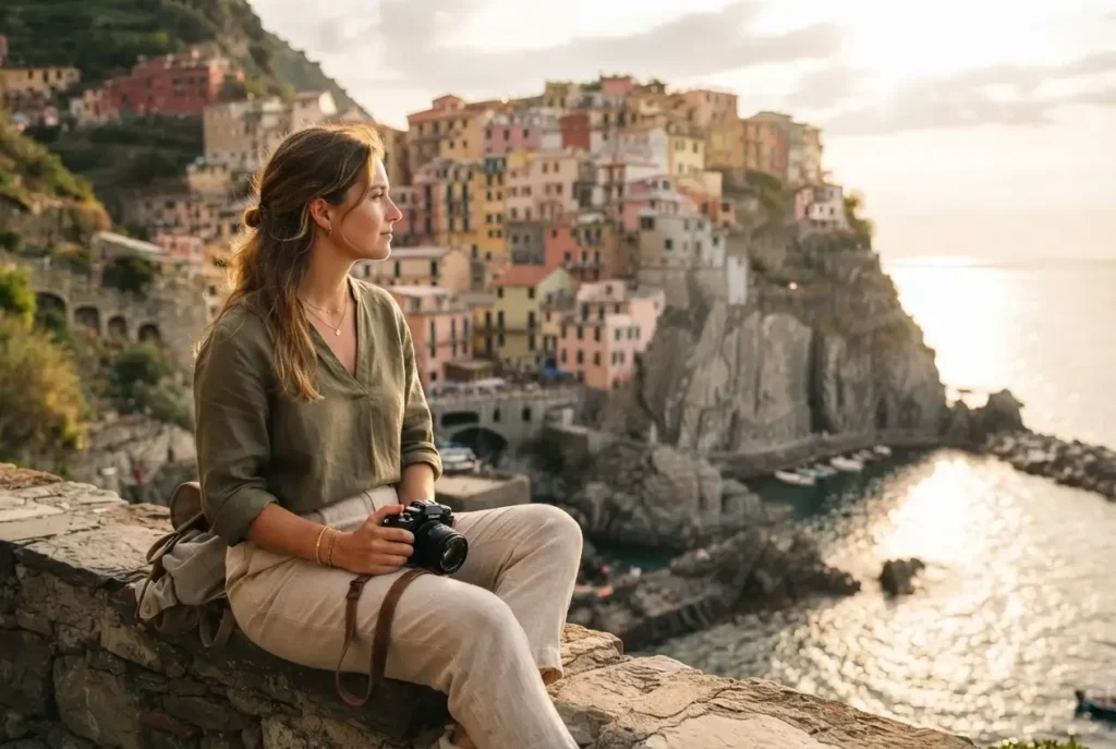 Pastel apricot and yellow houses stacked on a seaside cliff at golden hour in Manarola, Cinque Terre, Italian Riviera