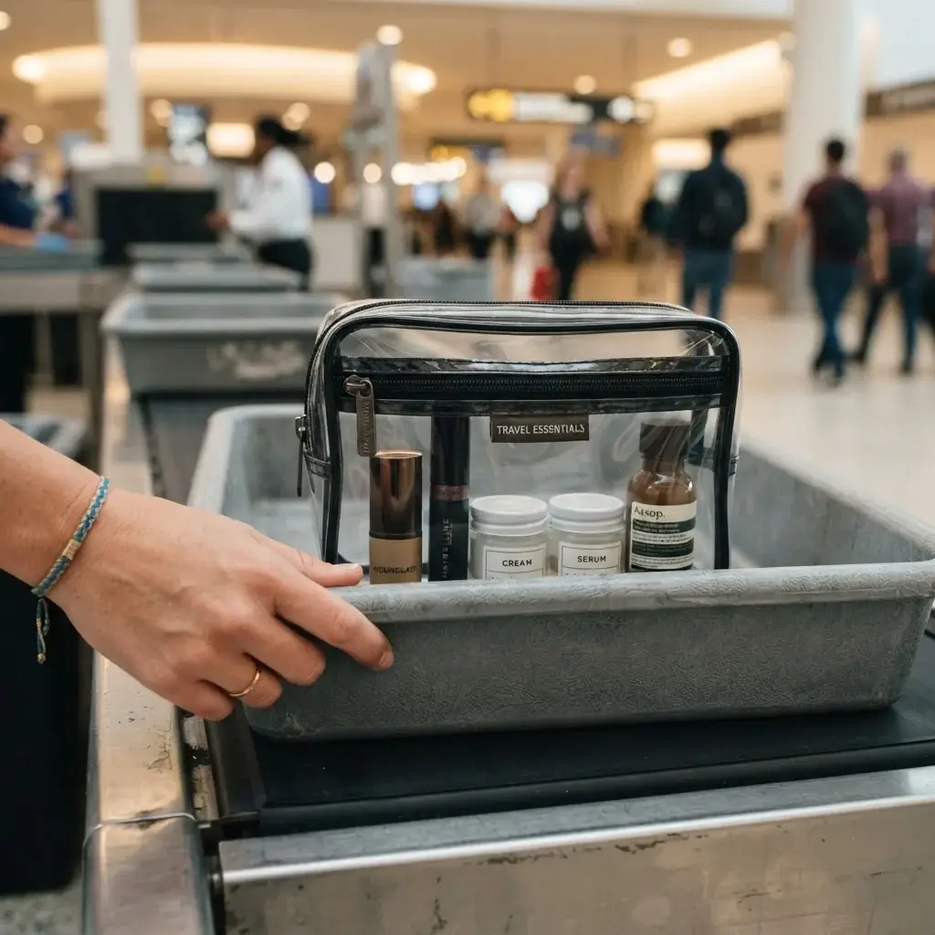 A clear heavy-duty TPU toiletry bag filled with travel-sized cosmetics being gently placed into a grey airport security screening tray by a female traveler wearing a woven fabric bracelet.
