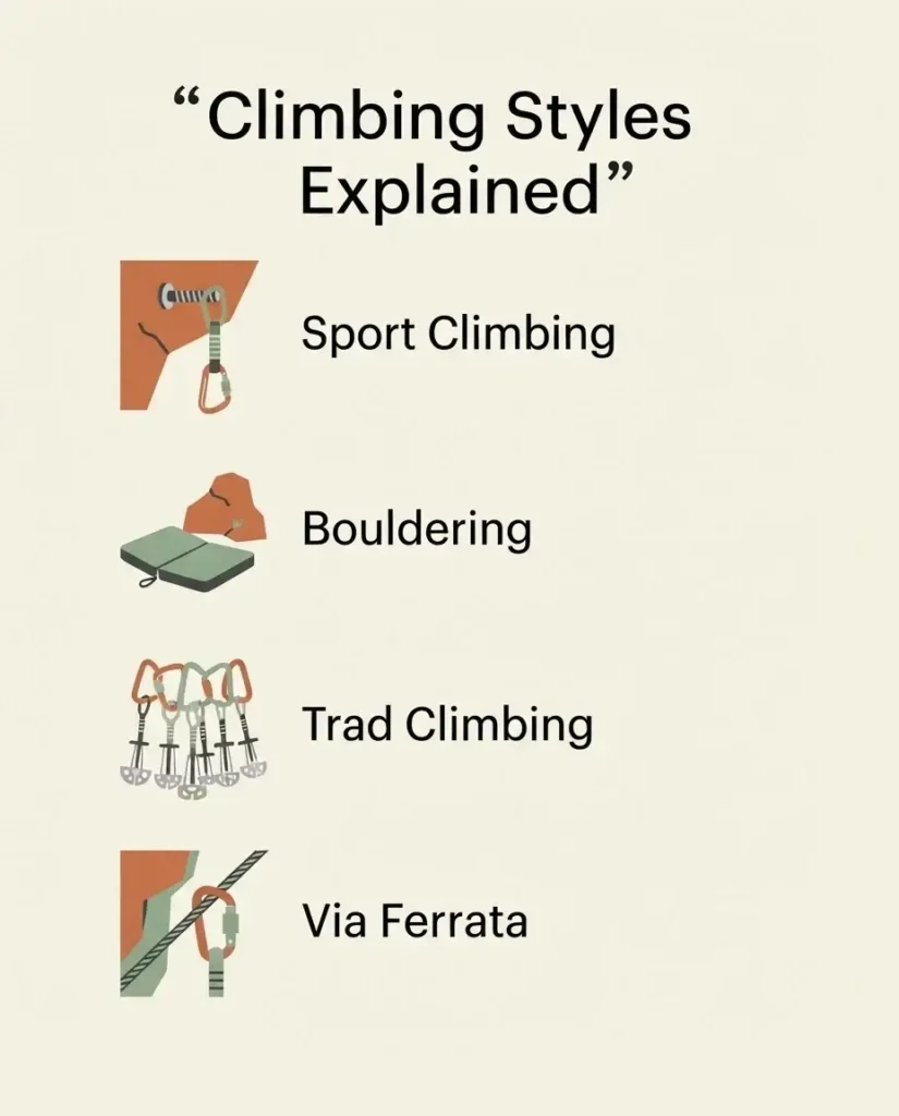 Flat vector infographic titled Climbing Styles Explained comparing sport climbing, bouldering, trad climbing, and via ferrata for European climbing destinations.