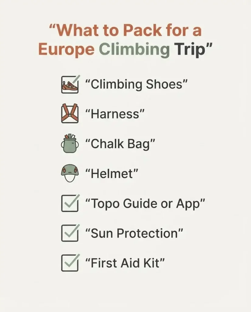 Flat vector packing checklist infographic for a European climbing trip listing shoes, harness, chalk bag, helmet, topo guide, and first aid essentials.