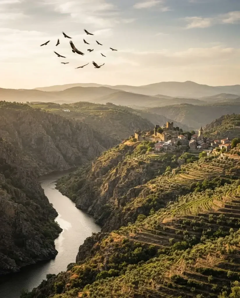Griffon vultures soaring over deep river gorges and medieval stone villages in the Greater Coa Valley, northern Portugal