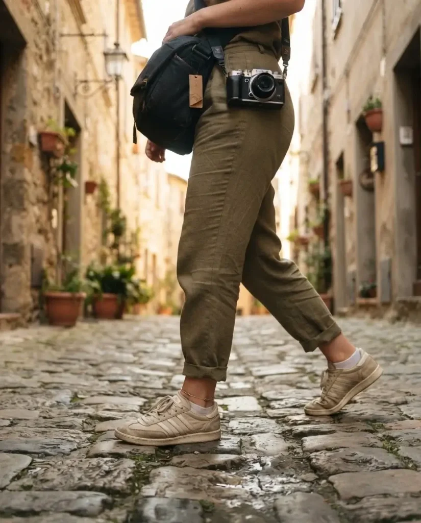Close candid view of a solo traveler stepping across worn cobblestones in a European old town lane, wearing comfortable walking shoes