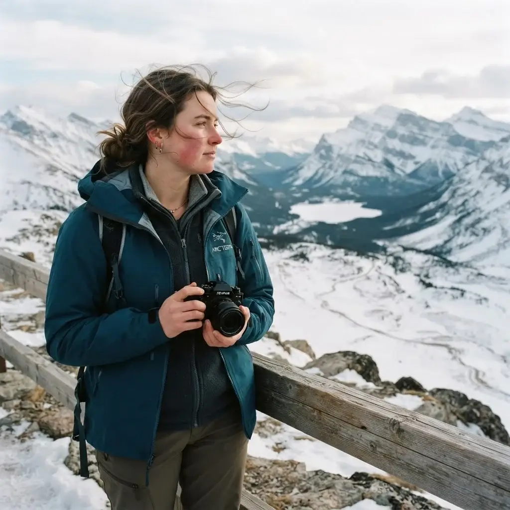 Emma Collins standing on a scenic overlook in a cold climate, wearing a windproof outer shell jacket over a zipped fleece and merino wool base layer.