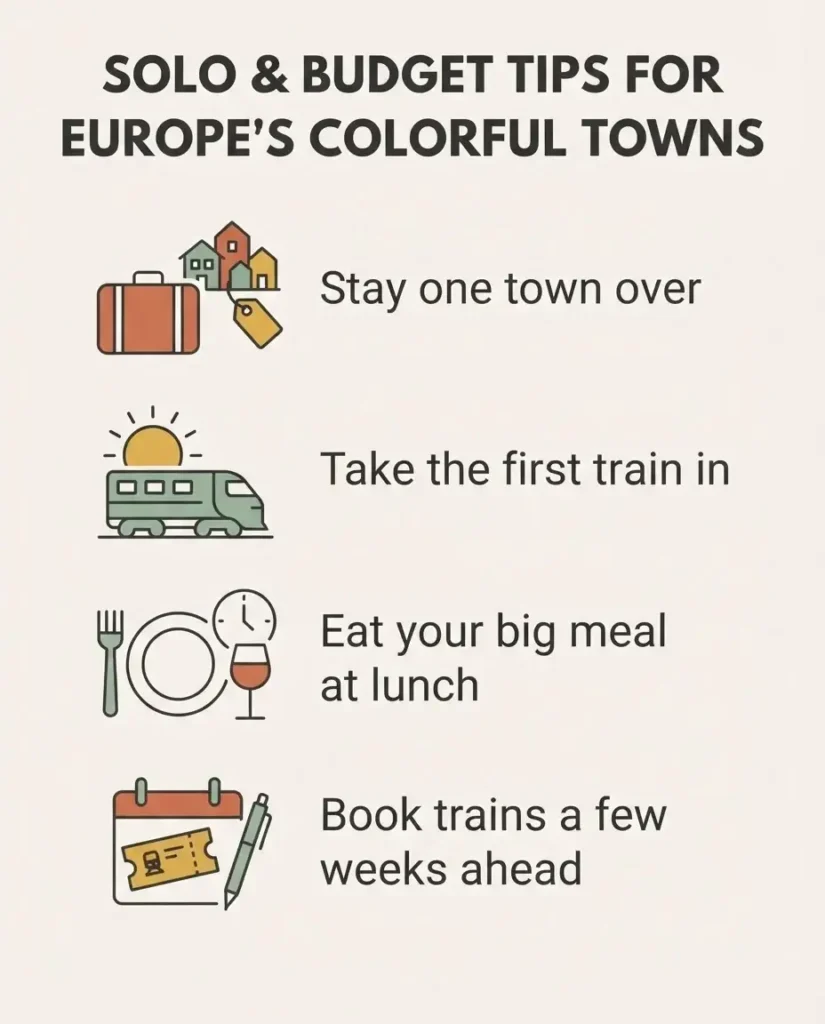 Flat vector infographic listing budget and solo travel tips for visiting the most colorful towns in Europe, including staying one town over and eating lunch set menus
