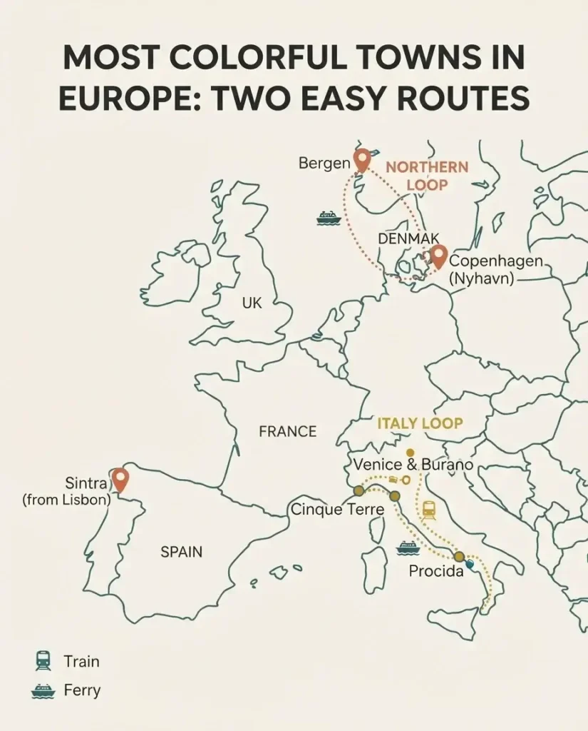 Minimalist route map showing an Italy loop and a separate northern Europe loop connecting the most colorful towns in Europe by train and ferry