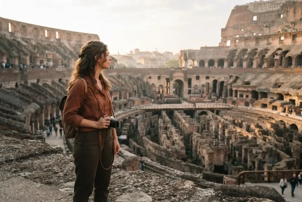 Young solo traveler standing inside the Colosseum looking over the ancient arena and underground chambers in Rome, Italy at early morning