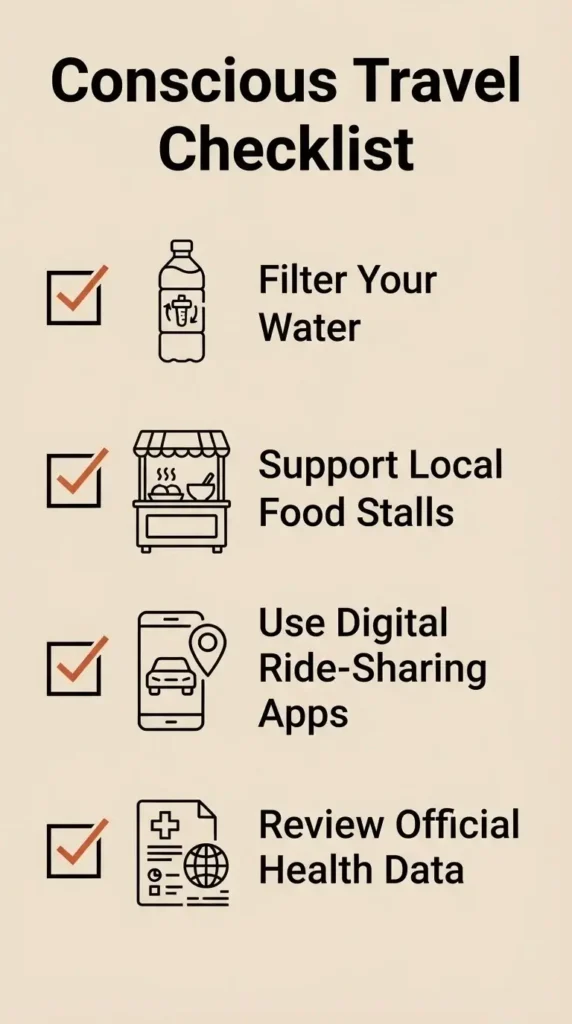 A clean 9:16 vertical checklist infographic showcasing four eco-friendly and safe navigation habits for solo travelers in Southeast Asia.