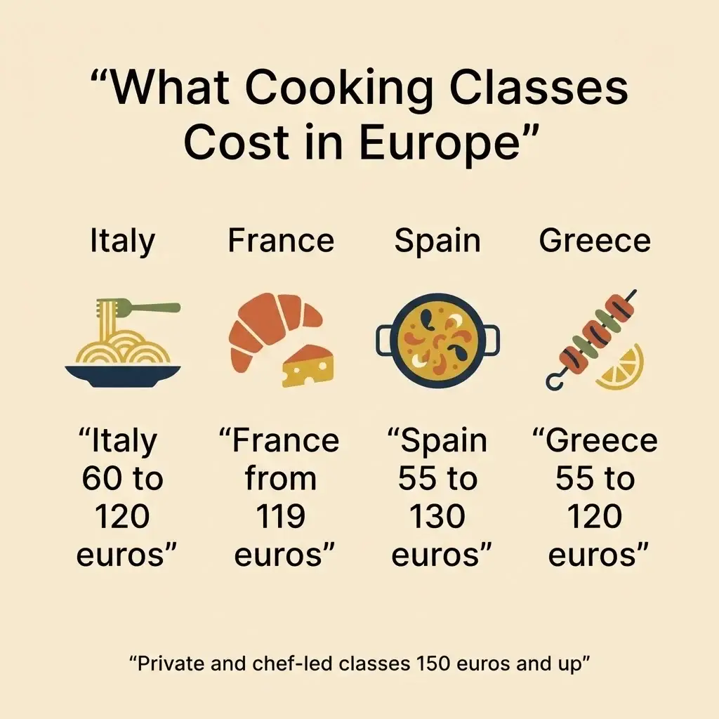 Flat vector comparison infographic of cooking class prices across Italy, France, Spain, and Greece in euros