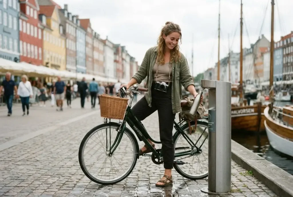 Female traveler on a bike refilling a reusable bottle at a public drinking fountain near Nyhavn harbor in Copenhagen, Denmark